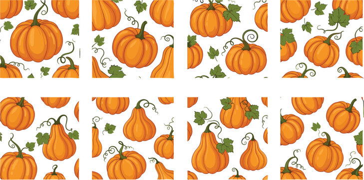 Autumn Pumpkin Seamless Pattern Set with Orange Harvest Pumpkins and Green Leaves for Halloween and Thanksgiving Background Designs