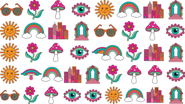 Retro Psychedelic Repeating Icon Pattern Set with Smiley Sun Rainbow Mushroom Evil Eye Flower City Buildings Ornate Arch and Spiral Sunglasses Elements Collection