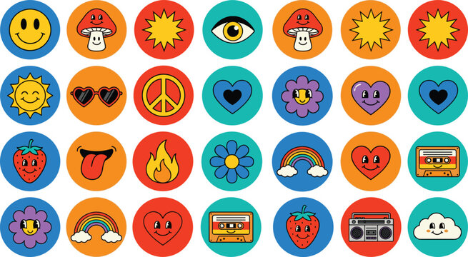 Retro Groovy Circular Icon Badge Sticker Set with Smiley Mushroom Sun Evil Eye Peace Heart Flower Strawberry Flame Rainbow Cassette Boombox and Round Elements Collection