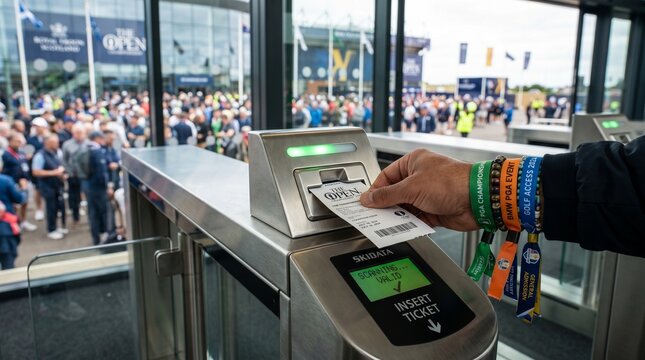 Person swiping ticket or card through a metal detector gate at an event or public transportation hub with crowd in the background people entering a secured area. sstkSports