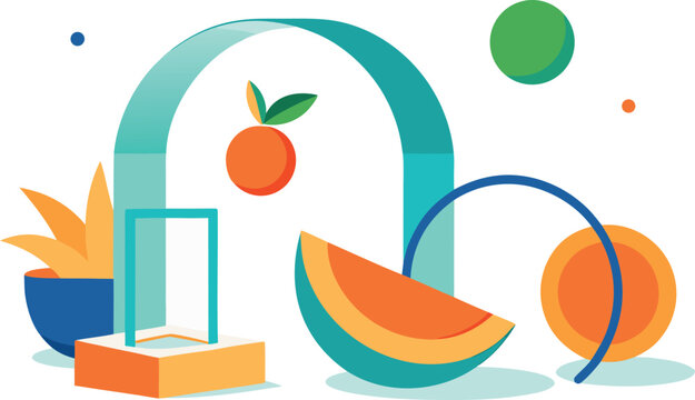 Abstract fruit composition with geometric shapes and icons