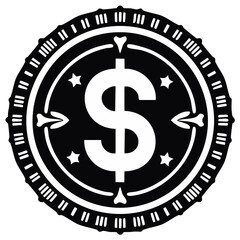 Fototapeta premium Black and white graphic of a stylized dollar coin with ornate details and directional arrows