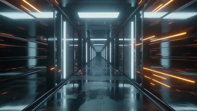 Futuristic data server corridor with glowing vertical cross lights and orange laser lines.