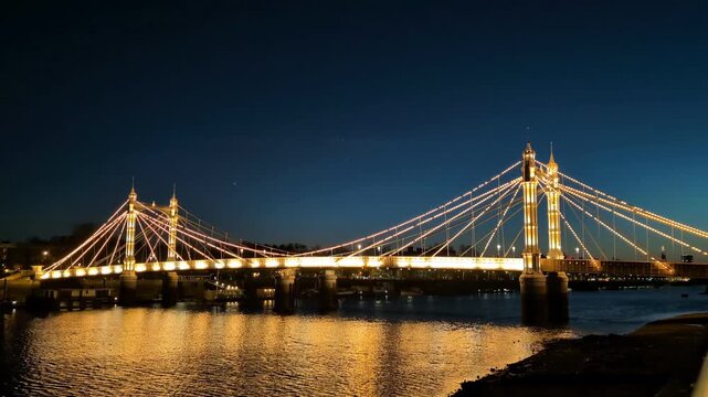 Illuminated Suspension Albert's Bridge at Night Over Calm River. Golden architectural landmark glowing beneath twilight skyline with shimmering waterfront and long exposure atmosphere during nighttime