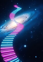Fototapeta premium A luminous neon staircase spirals through a vast galaxy of shimmering stars, blue nebulae, and cosmic dust in a surreal space landscape, way, journey, portal