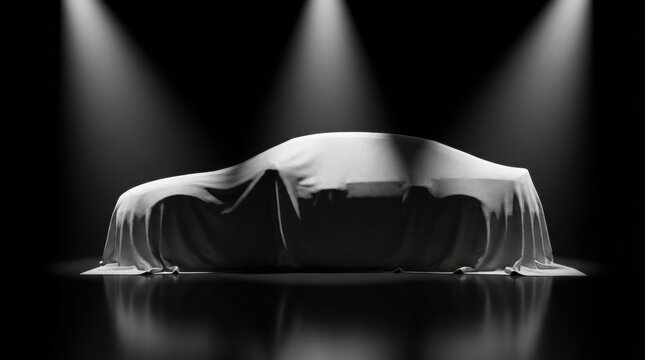 Car unveiling event with spotlight on covered vehicle in dark room with dramatic lighting effects