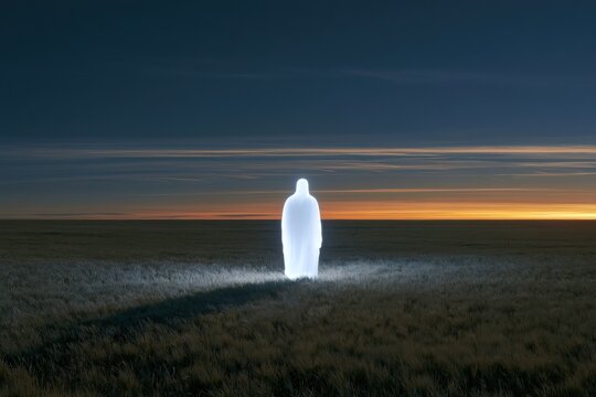 Glowing AI presence standing in vast field at sunset, future technology