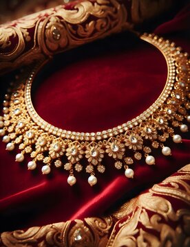 Detail shot of a heavy traditional gold bridal necklace with intricate kundan work. - 1