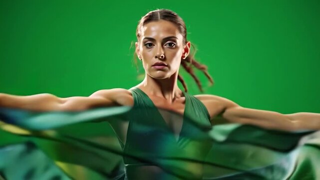 Woman in green dress dancing.