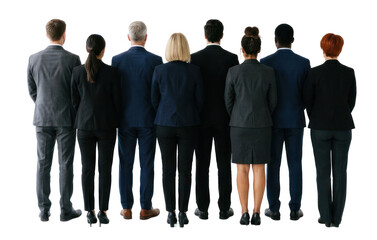 Fototapeta premium Rear view of a professional people png. back view, A group of eight professionals stand back-to-back against transparent png. 