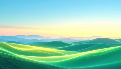 Obraz premium Ethereal Wavy Landscape with Glowing Green and Yellow Gradients Under a Serene Sky.