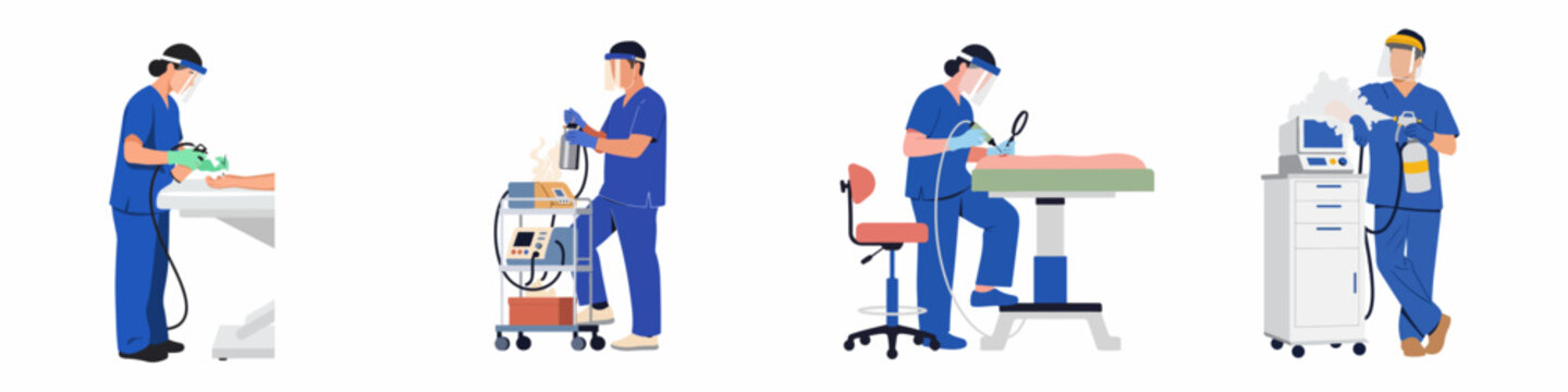 Collection of flat vector illustrations depicting various dermatological and cosmetic medical procedures performed by professionals in a clinical setting.