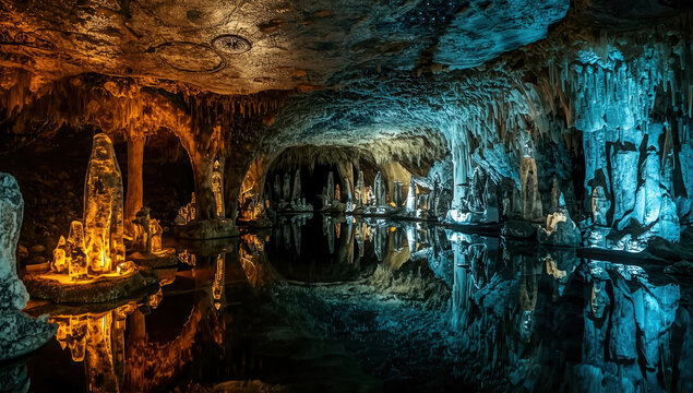 Underground crystal cave with glowing orange and blue reflections, serene and mystical