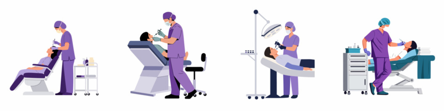 Set of flat vector illustrations depicting professional aesthetic medicine procedures including facial injections, Botox, and dermal fillers in a clinical setting.