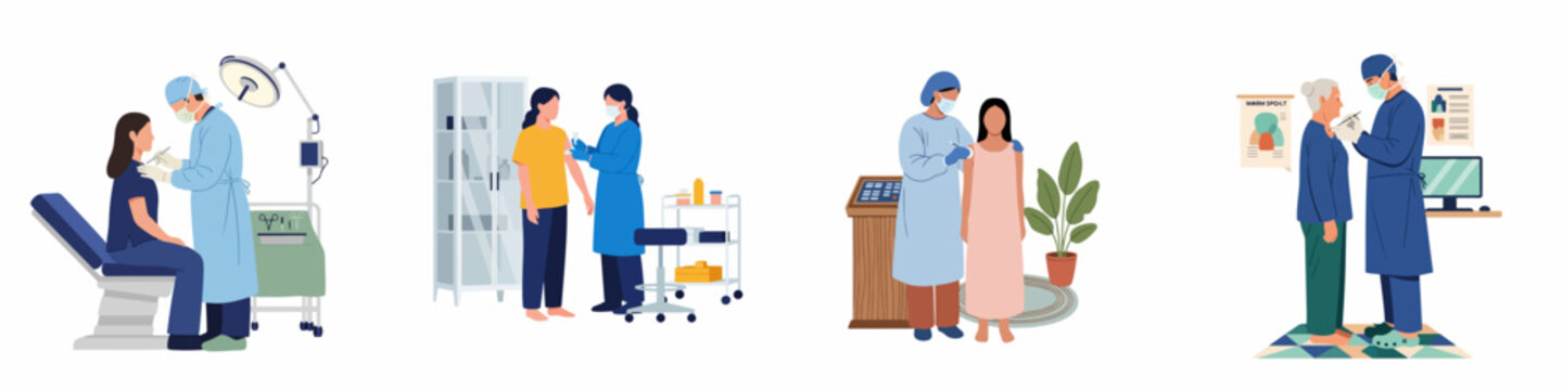 Flat illustration set of medical procedures including vaccinations and minor surgeries with doctors and patients in various clinic settings.