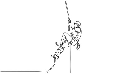 Continuous line drawing of a person rappelling down a cliff face with a rope. © Lancar