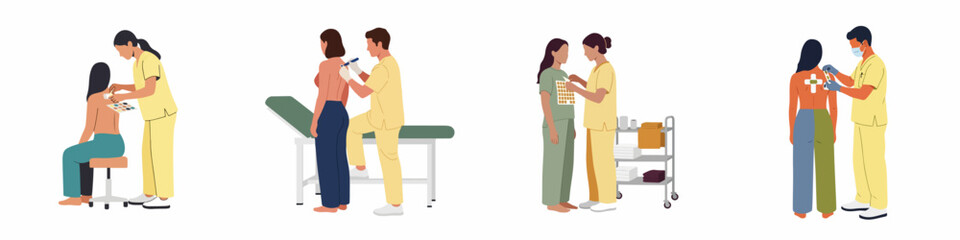 Obraz premium Flat vector illustrations of healthcare professionals performing allergy patch tests and skin prick tests on female patients in a clinical setting.