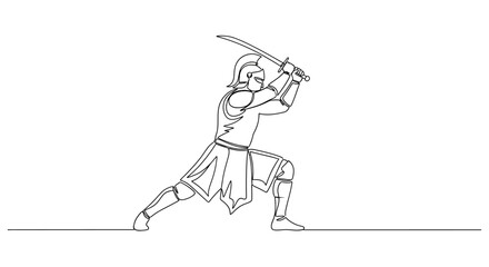 Fototapeta premium Warrior with Sword in Defensive Stance, Minimalist Line Art