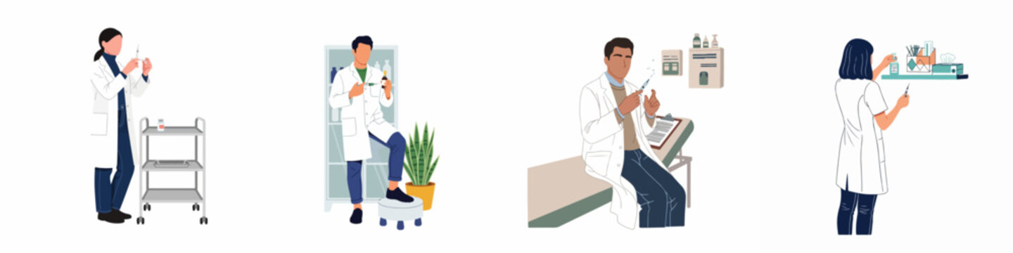 Set of illustrations showing healthcare professionals in white coats preparing syringes for vaccinations and medical injections in a clinical setting.