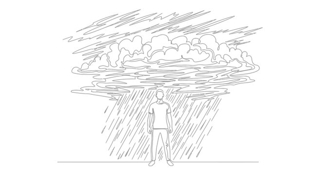 Man standing alone in heavy rain and storm clouds, single line drawing, emotional concept