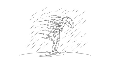 Fototapeta premium Woman with Umbrella in Stormy Weather - Line Art
