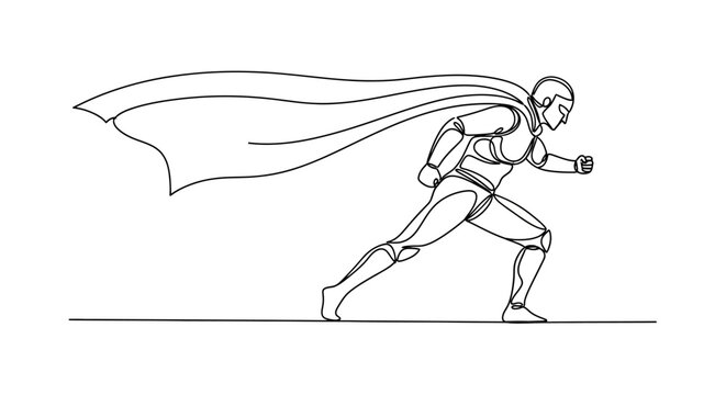 Superhero running with cape blowing in wind, minimalist line art, heroic action