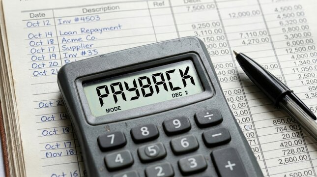 Calculator displaying the word payback rests on a financial ledger with a black pen indicating a focus on debt repayment