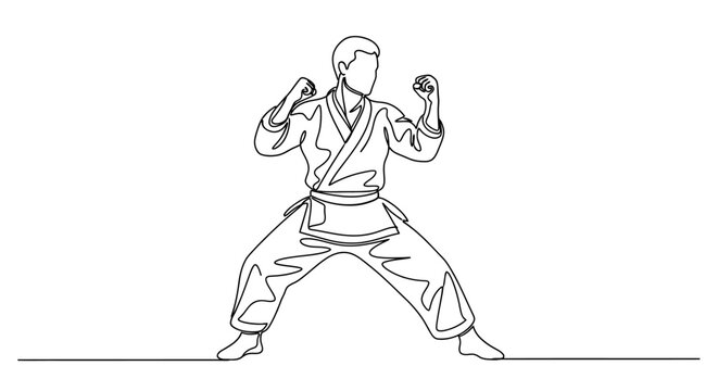 Martial Arts Fighter in Karate Gi, Continuous Line Drawing, Dynamic Pose