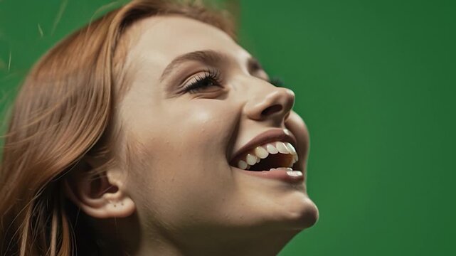 Woman smiling with flowing hair.