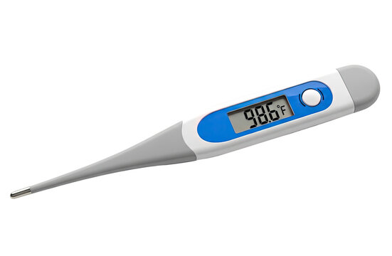 A digital thermometer displays a temperature of 98.6&deg;F.