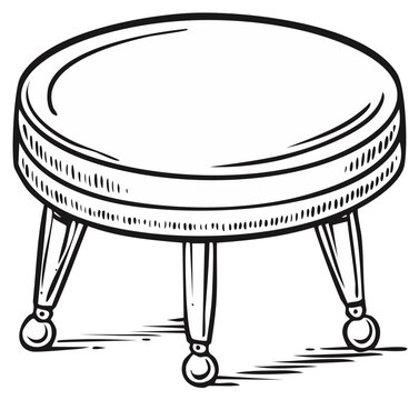 Classic round footstool with four legs in a hand-drawn black and white sketch style