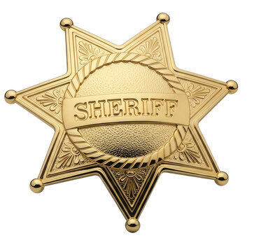 A gold sheriff star badge is displayed against a transparent background. The word "SHERIFF" is prominently engraved on the star.