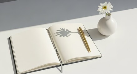 Fototapeta premium A serene white minimalist desk features a blank open notebook, a sleek gold pen, and a small ceramic vase under soft natural sunlight, neat, modern, study