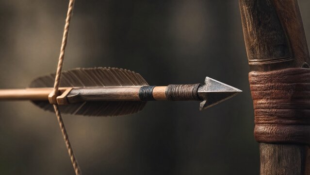 nocked. A single arrow nocked on a bowstring, focus on the arrowhead. event key visuals, club posters, designed for fitness apps and gym onboarding, used by event planners.