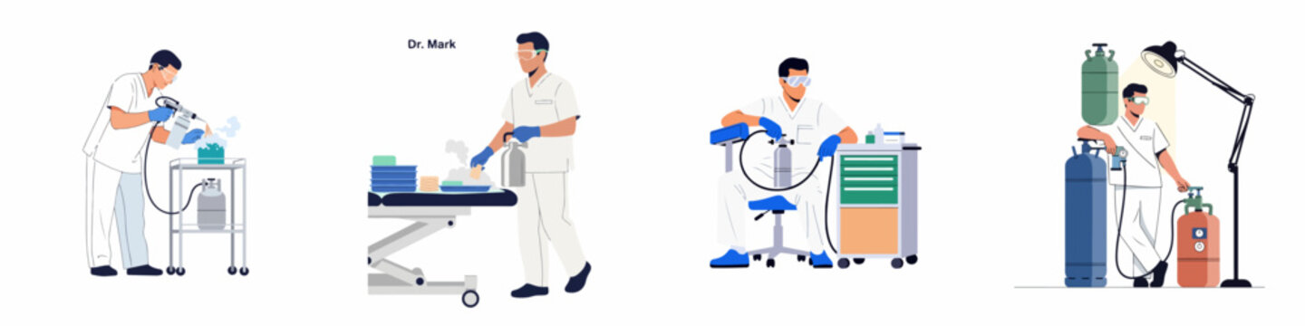 Flat illustration set of a male doctor using medical gas cylinders and equipment for various clinical procedures and cryotherapy in a healthcare setting.
