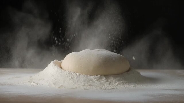 Pizza dough falling into white flour pile with flour splash effect