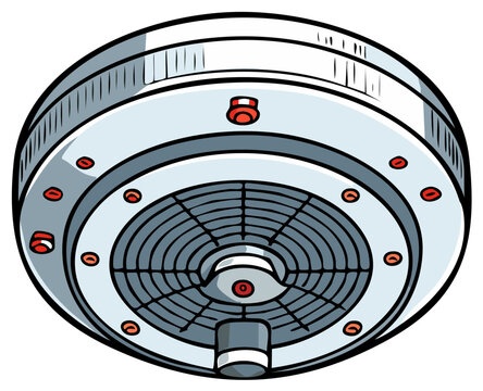 Cartoon illustration of a ceiling smoke detector fire alarm with ventilation and red buttons