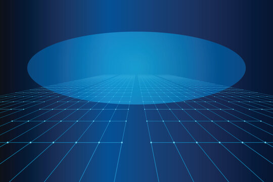 Digital grid with glowing blue nodes and elliptical portal on dark blue background, glowing points