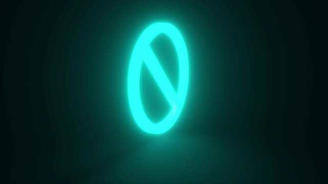 Not Approved Symbol Cyan Color Mark Glowing and Rotating on Black Background
