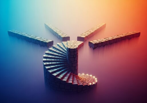 A spiral staircase splitting into multiple floating stone paths within a surreal misty void, representing divergent temporal realities, fog, geometric, parallel