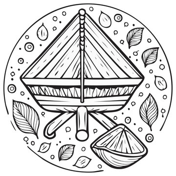 Hand-drawn black and white illustration of a lemon squeezer surrounded by leaves and circles