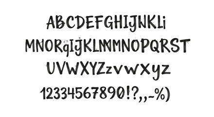 Obraz premium Handwritten Alphabet Font and Numbers with Punctuation.