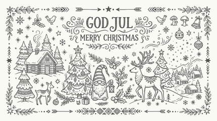 Obraz premium Merry Christmas Nordic Gnome, Reindeer, Cabin, Tree, Snowflakes - Hand Drawn Illustration