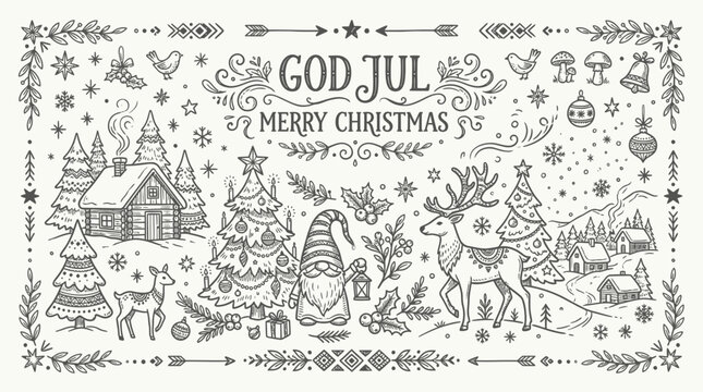Merry Christmas Nordic Gnome, Reindeer, Cabin, Tree, Snowflakes - Hand Drawn Illustration