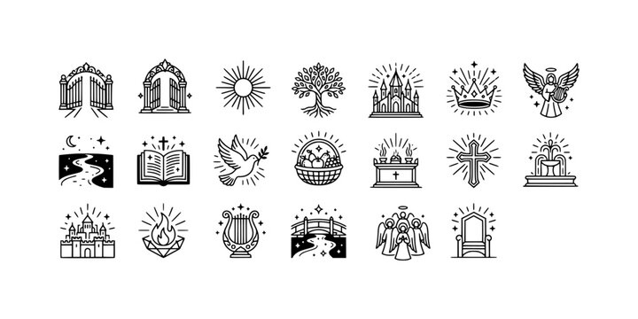 Icon set collection of heavenly paradise and kingdom of God linear icons, showcasing pearly gates, crowns, angels, thrones, and tree of life.