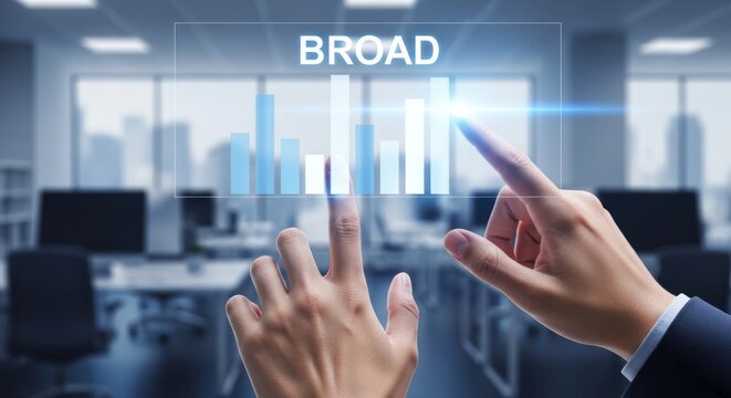 Businessman touching digital holographic chart with word broad, for expansive growth, strategic market scaling, corporate vision, comprehensive business analysis