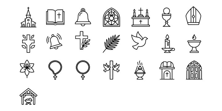 Icon set collection of catholic church and liturgical line icons, featuring cathedrals, bibles, rosary beads, bells, chalices, and altar crosses.