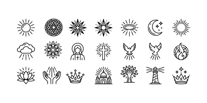 Icon set collection of divine light and spiritual glory line icons, with sun rays, stars, crosses, holy figures, doves, and crowns.