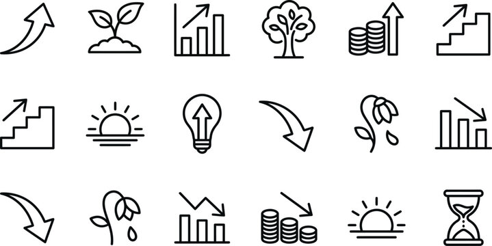 Collection of line icons representing growth progress and financial success