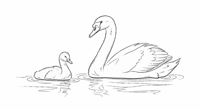 Mother Swan and Cygnet Swimming Together.